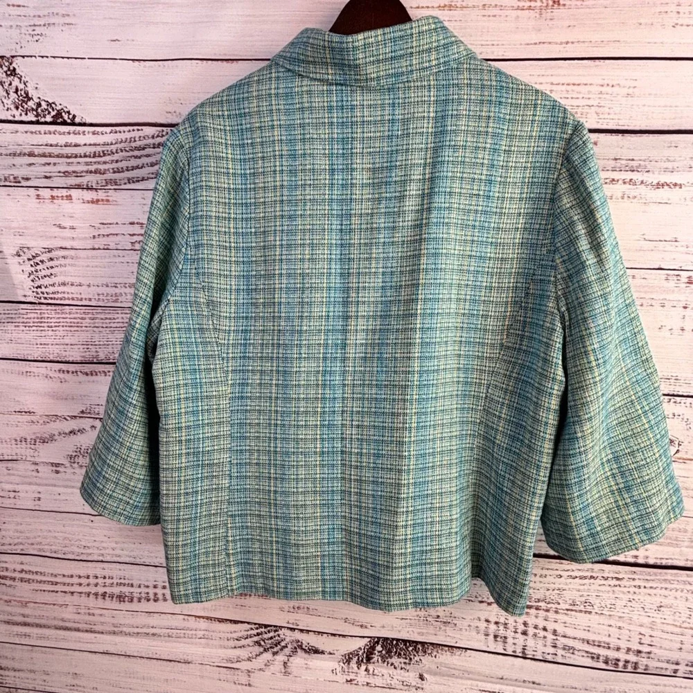 Vintage‎ Mod Coastal Grandmacore Tweed Jacket L Boxy Teal Blue Yellow Woven Poly